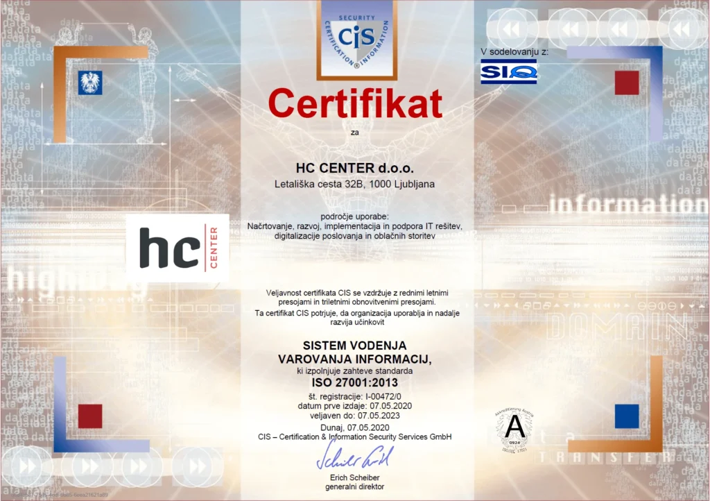 certifikat za sistem vodenja in varovanja informacij